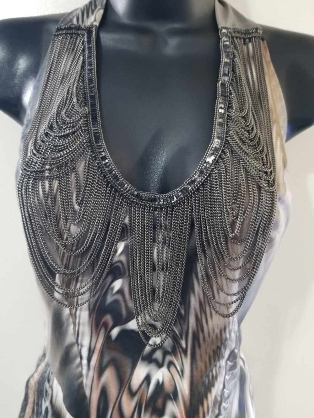 Black Halo Chain Drape Halter Dress Bodycon Techno Goddess  Sz 6